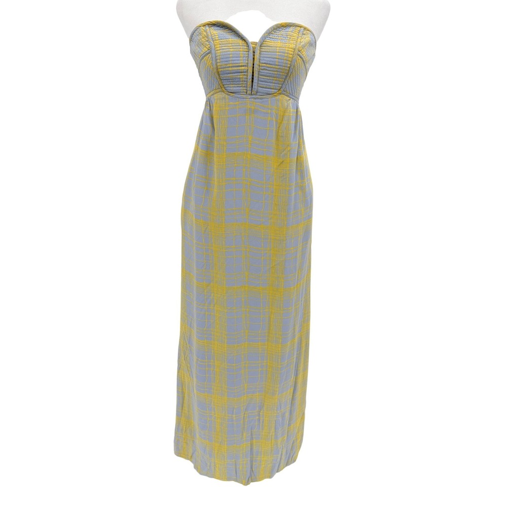 Anthropologie Y2K Maple Maxi Dress Size 2 Gray Yellow Sweetheart Neck Silk Twee